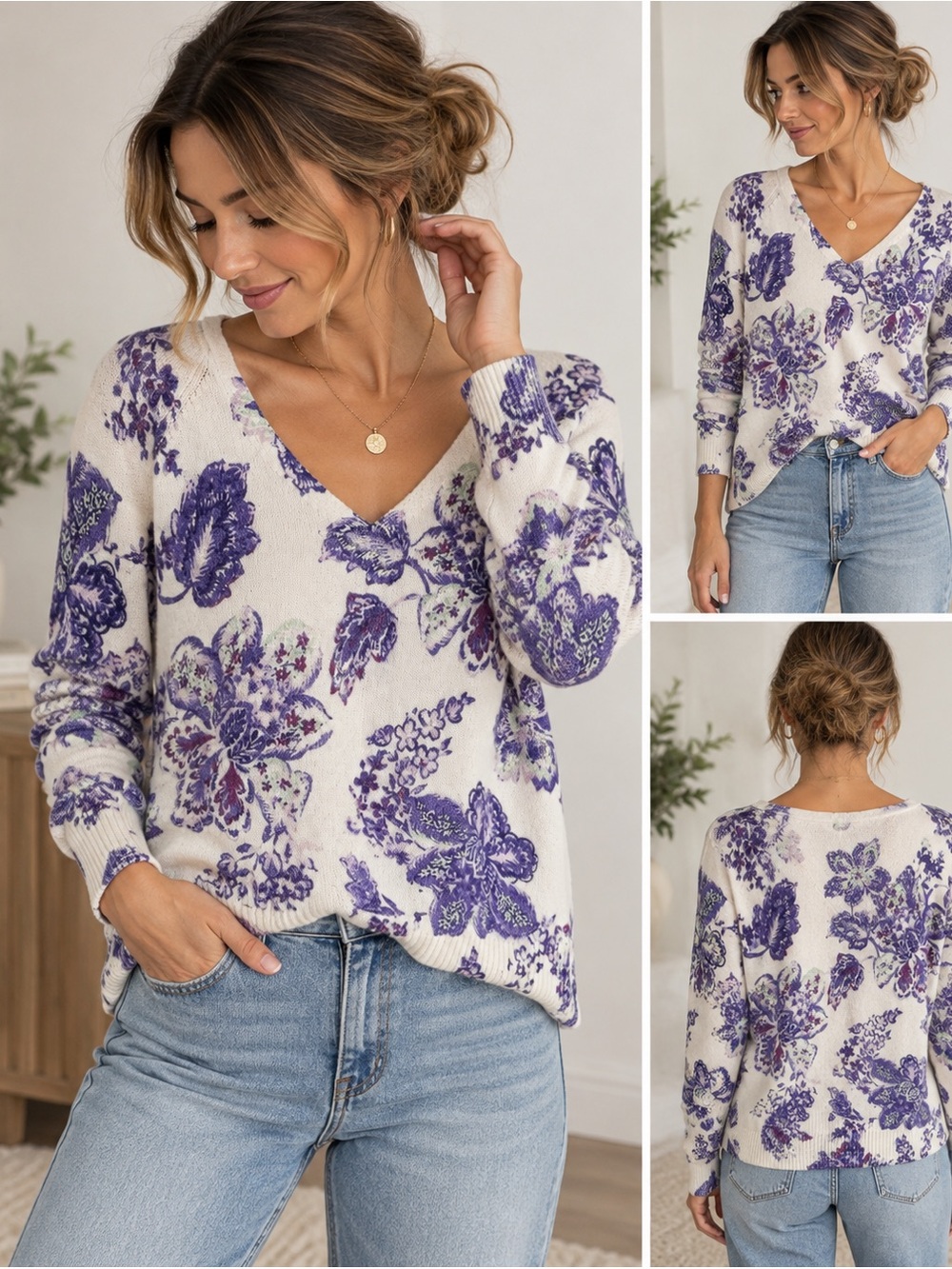 LOFT Purple Floral V-Neck Lightweight Knit Sweater Small